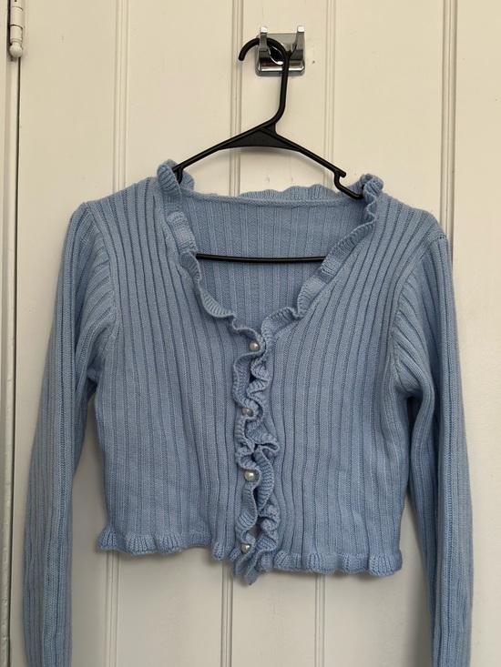 SHEIN Sweaters - SHEIN Light Blue Ruffled Ribbed Cardigan